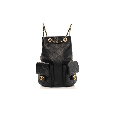 CHANEL SHINY LAMBSKIN QUILTED DRAWSTRING BACKPACK BLACK AS5310 (24*18*8cm)